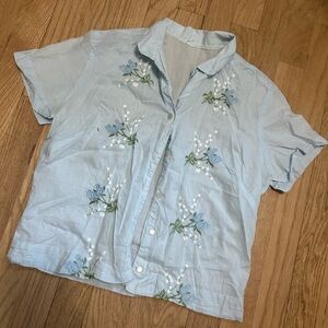 Vintage Light Blue Floral Embroidered Shirt